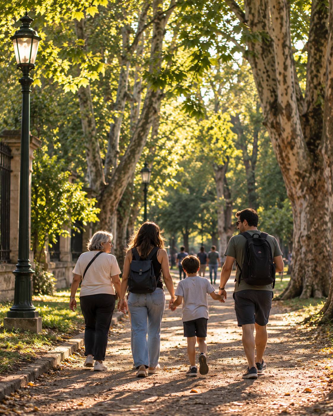 Familia caminando por un sendero del parque