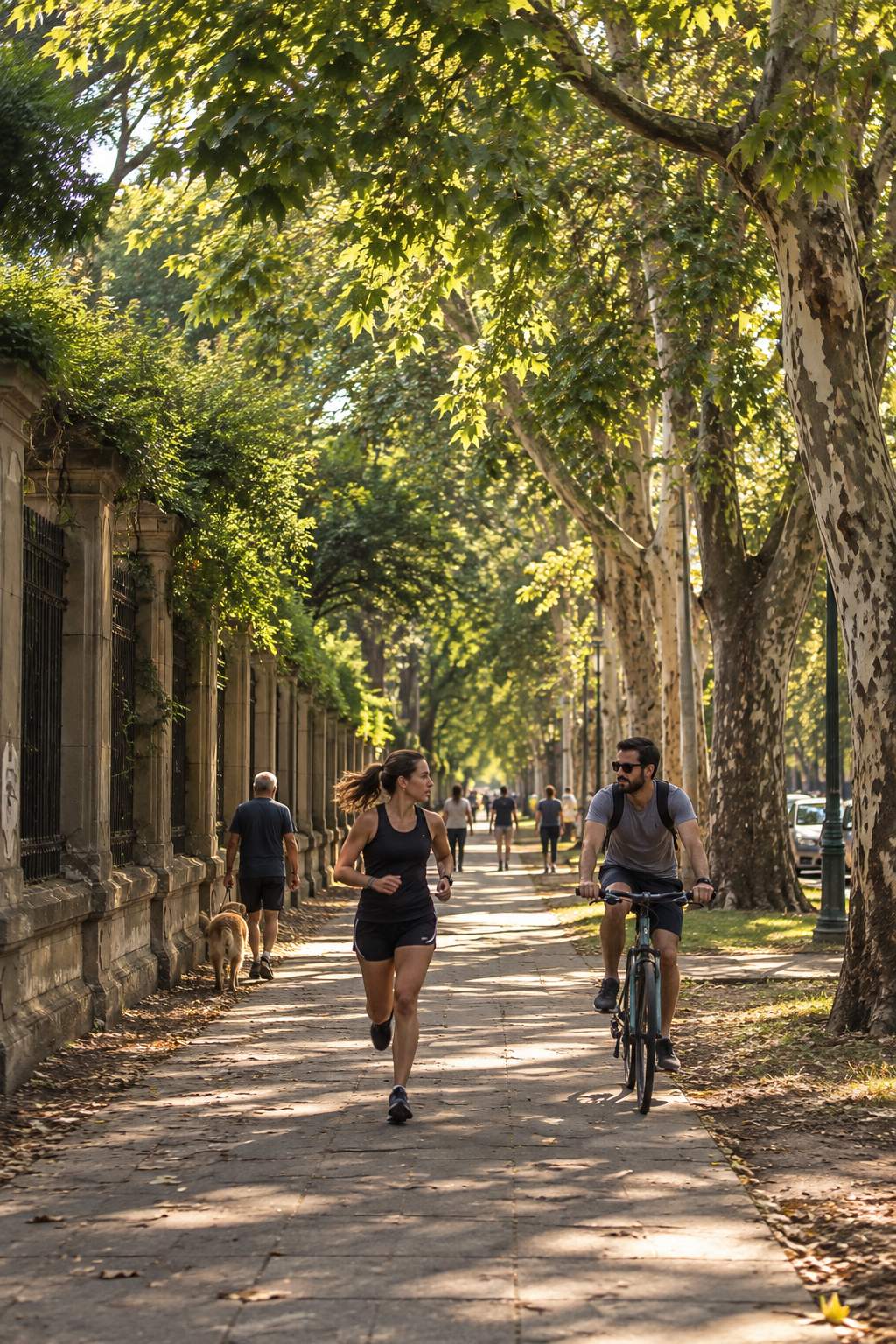 Personas corriendo y andando en bicicleta por un camino arbolado