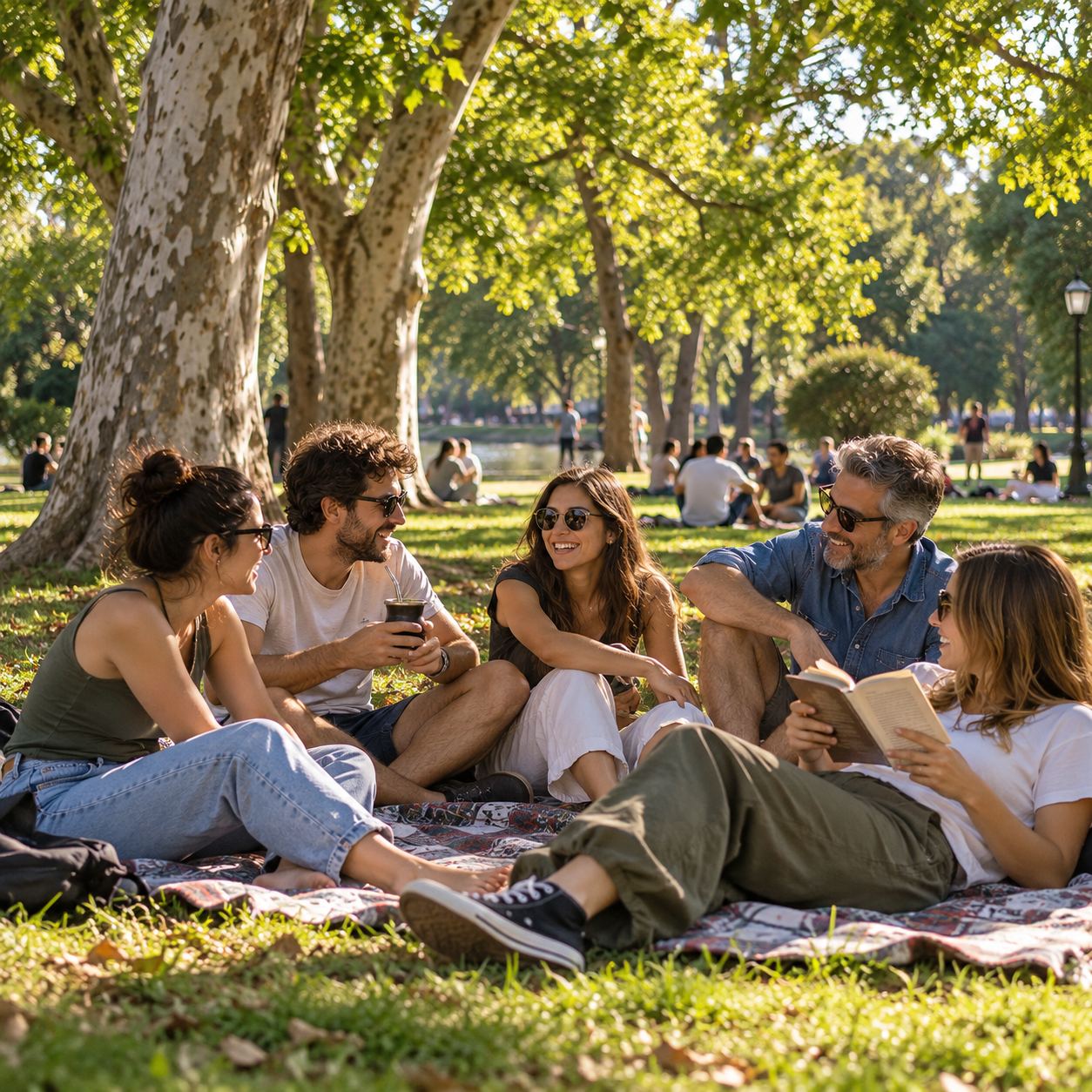 Amigos conversando sobre una manta en el pasto